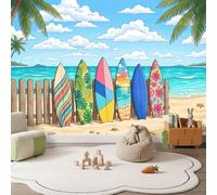 Papel pintado fotográfico de fieltro, 300 x 210 cm, diseño de tabla de surf de playa, dormitorio, salón, dibujos animados, costa, paisaje, papel pintado XXL, efecto 3D, decoración de pared