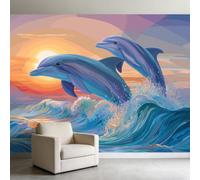 Papel pintado fotográfico de fieltro 350 x 256 cm, efecto 3D, animales océanos, delfines, papel pintado fotográfico para salón o dormitorio, color