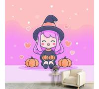 Papel pintado fotográfico de fieltro con dibujos animados, 350 x 256 cm, papel pintado para pared, diseño de bruja pequeña, farolillo de calabaza, gran decoración para salón, habitación infantil