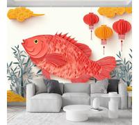 Papel pintado fotográfico de fieltro con diseño de pez farolillo chino de bambú, 350 x 256 cm, papel pintado fotográfico para salón o dormitorio, efecto 3D, color amarillo