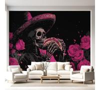 Papel pintado fotográfico de fieltro con diseño del Día de los Muertos Dia de los Muertos, diseño panorámico de calavera, rosas, sombrero, decoración de pared, salón, dormitorio, cocina, 120 x 180 cm