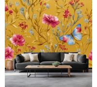 Papel pintado fotográfico de fieltro, flores y mariposas, 250 x 175 cm, plantas retro para salón, dormitorio, habitación infantil, oficina, pasillo, papel pintado no tejido, efecto 3D