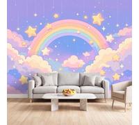 Papel pintado fotográfico de fieltro, resistente a la luz, arco iris nube, estrella, 200 x 140 cm, Full HD, divertido diseño de dibujos animados, para salón o dormitorio