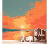 Papel pintado fotográfico de fieltro, resistente a los rayos UV, diseño celestial, 400 x 280 cm, papel pintado no tejido, para salón, dormitorio, mar, puesta de sol, color naranja vivo, papel pintado