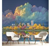 Papel pintado fotográfico de lago de verano, reflejos de la ciudad, mural de pared, sala de estar, dormitorio, habitación infantil, papel pintado no tejido, decoración de pared de paisaje, 200 cm x 14