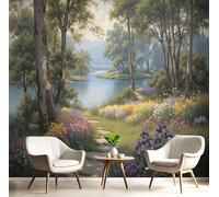 Papel pintado fotográfico de paisaje de tierras de cultivo, mural de pared con flores silvestres a orillas del lago, sala de estar, dormitorio, habitación infantil, papel pintado no tejido, paisaje, 1