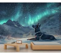 Papel pintado fotográfico de pastor alemán, 100 x 70 cm, mural, aurora boreal, perro, papel tapiz grande para sala de estar, decoración de pared de luz del norte (no se pela y pega)