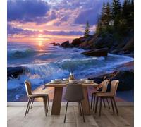 Papel pintado fotográfico de puesta de sol sobre el océano, papel pintado no tejido, olas de playa, decoración de pared moderna para salón/habitación infantil - Azul, 400 cm x 280 cm, pegatinas - Cuad