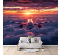Papel pintado fotográfico de vellón con diseño de avión de tráfico 300 x 256 cm (ancho x alto) - Papel pintado para dormitorio, salón, puesta de sol, transporte de nubes