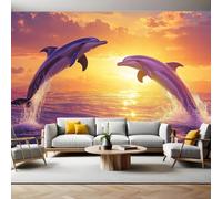 Papel Pintado Fotográfico Delfines al atardecer 450 x 315 cm oro Fotomural Panorámico Moderno para Decoración de Pared
