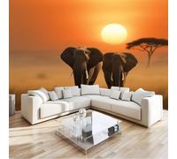 Papel pintado fotográfico efecto 3D Animales Elefantes Paisaje Al Atardecer 450 x 280 cm Fotomurales Tejido No Tejido Murales Fotográfico Moderno Decoración de Paredes para salón, Color Naranja