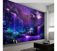 Papel pintado fotográfico efecto 3D Bosque Encantado Vista Nocturna Cascada 500 x 280 cm Fotomurales Tejido No Tejido Murales Fotográfico Moderno Decoración de Paredes para salón o dormitorio, Púrpura