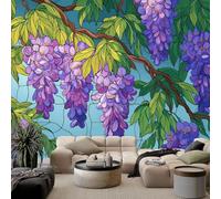Papel pintado fotográfico efecto 3d dibujos animados estilo lila Wisteria flores, 200 x 140 cm (ancho x alto) mural decorativo para sala de estar o dormitorio, papel pintado verde no tejido con olor