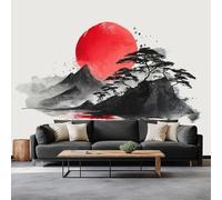 Papel pintado fotográfico efecto 3D japonés sol montañas 450 x 315 cm fieltro decoración de pared dibujo tinta mural mural 3D panorámico póster dormitorio sala de estar habitación infantil