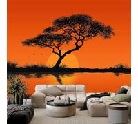 Papel pintado fotográfico efecto 3d puesta de sol árbol de acacia lago, superficie 300 x 210 cm (ancho x alto), mural decorativo para salón, dormitorio, color amarillo