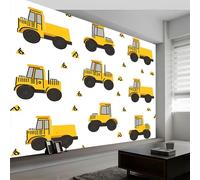 Papel pintado fotográfico efecto 3D Vehículos Construcción Excavadoras 350 x 256 cm Fotomurales Tejido No Tejido Murales Fotográfico Moderno Decoración de Paredes para salón o dormitorio, Amarillo