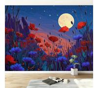 Papel pintado fotográfico en 3D con diseño de amapolas y acianos de luna llena, 350 x 256 cm, mural de pared con diseño de cielo nocturno moderno para sala de estar, TV, sofá, murales de hotel