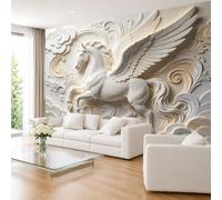 Papel Pintado Fotográfico En Relieve 3D Escultura De Pegaso Blanco Mural De Pared 280×200cm (An X Al) Imitación De Yeso Pluma De Nube Rizada Vintage Murales No Tejidos Arte De Pared para Fondo De
