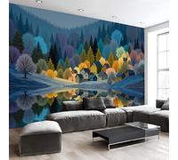 Papel pintado fotográfico estampado Pueblo Junto Al Lago - papel pintado Amarillo tela no tejida, Paisaje Otoñal Ilustración mural de pared para sala de estar dormitorio decoración 400 x 280 cm