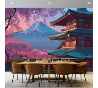 Papel Pintado Fotográfico Estilo Japonés, 350 x 256 cm mural decoración para Salón Dormitorio Comedor - Torre Montaña Planta Patrón Papel Pintado no tejido(Not Peel And Stick)