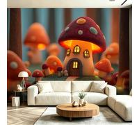 Papel pintado fotográfico impreso de bosque de cuento de hadas de 200 x 140 cm, mural de pared multicolor, no tejido, diseño de hongos y plantas mágicas, arte de pared para el hogar, sala de lectura