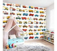 Papel Pintado Fotográfico Infantil No Tejido Patrón De Camión Pequeño Póster Gigante, Estilo De Dibujos Animados Decoración de Pared Panorámica 3D, Ideal para Dormitorio Infantil, 350 x 256 cm