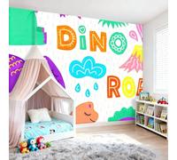 Papel Pintado Fotográfico Infantil No Tejido Patrón De Gotas De Lluvia De Dinosaurio Póster, Estilo De Dibujos Animados Decoración de Pared Panorámica 3D, Ideal para Dormitorio Infantil, 200 x 140 cm