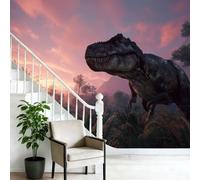 Papel Pintado Fotográfico Infantil No Tejido Tiranosaurio Rex Póster Gigante, Estilo Botánico Retro Decoración de Pared Panorámica 3D, Ideal para Dormitorio Infantil, Habitación de Juegos 200 x 140 cm