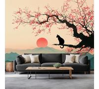Papel pintado fotográfico japonés con tinta, 450 x 315 cm, mural de pared, atardecer, gato negro, flor de cerezo, papel pintado fotográfico para sala de estar, dormitorio, hotel, sofá, TV, decoración