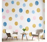 Papel pintado fotográfico, lunares dorados, foto azul y blanca para dormitorio o salón, mural de pared, motivo, decoración de pared con efecto 3D, acuarela pintada a mano, 200 cm x 140 cm