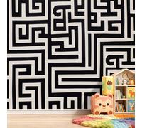 Papel pintado fotográfico moderno de 200 x 140 cm, diseño geométrico abstracto negro y blanco con rayas de laberinto, papel pintado removible, arte de pared panorámico monocromático para dormitorio