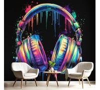 Papel Pintado Fotográfico Multicolor Auriculares Con Efecto De Salpicaduras De Tinta Música De Moda, Mural De Pared Para Dormitorio, Sala De Estar, Habitación Infantil, Decoración De Pared, 400X280Cm