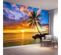 Papel Pintado Fotográfico Naturaleza Playa Palmeras Cielo, 350 x 256 cm mural decoración para Salón Dormitorio Comedor - Vistoso Patrón Papel Pintado no tejido(Not Peel And Stick)