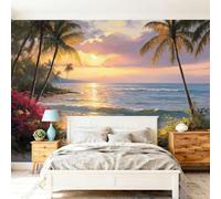 Papel Pintado Fotográfico Naturaleza Puesta De Sol Palmeras Olas Del Mar, 350 x 256 cm mural decoración para Salón Dormitorio Comedor - Vistoso Patrón Papel Pintado no tejido(Not Peel And Stick)