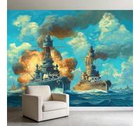 Papel pintado fotográfico naval Battle Exploding Warship 450 x 315 cm, mural de pared, surrealismo no tejido, póster fotográfico para sala de juegos, decoración de habitación de adolescentes
