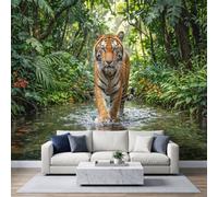 Papel pintado fotográfico no tejido, 200 x 140 cm, Fotografía realista de animales salvajes Papel pintado panorámico de alta calidad, para sala de estar y dormitorio, Tigre Río Bosque Tropical