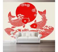 Papel pintado fotográfico no tejido 250 x 175 cm Gigante Póster Estilo Japonés Carpas Koi Olas Decoración, Rojo Decoración de pared de papel tapiz panorámico 3D
