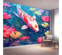 Papel pintado fotográfico no tejido 250 x 175 cm Gigante Póster Pescado Al Estilo Chino Loto Decoración, Rojo Verde Decoración de pared de papel tapiz panorámico 3D