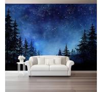 Papel pintado fotográfico no tejido 250 x 175 cm Gigante Póster Pintura Al Óleo Retro Cielo Azul Profundo Decoración, Árboles Negros Decoración de pared de papel tapiz panorámico 3D