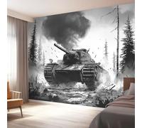 Papel pintado fotográfico no tejido 250 x 175 cm Gigante Póster Tanque Pesado Retro Decoración, Negro Blanco Decoración de pared de papel tapiz panorámico 3D