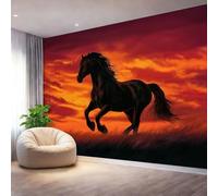 Papel pintado fotográfico no tejido 300 x 210 cm Gigante Póster Atardecer Natural Caballo Negro Decoración, Rojo Naranja Decoración de pared de papel tapiz panorámico 3D
