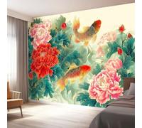 Papel pintado fotográfico no tejido 300 x 210 cm Gigante Póster Pintura China Pez Peonía Decoración, Rosa Verde Decoración de pared de papel tapiz panorámico 3D