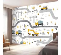 Papel pintado fotográfico no tejido 300 x 210 cm Gigante Póster Vehículos De Construcción De Dibujos Animados Decoración, Gris Amarillo Decoración de pared de papel tapiz panorámico 3D