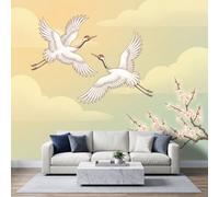 Papel pintado fotográfico no tejido 300x210cm, ilustración de acuarela oriental Papel pintado panorámico de alta calidad, para sala de estar y dormitorio, grúa coronada flor ciruelo revestimiento de