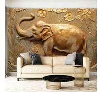 Papel pintado fotográfico no tejido 350 x 256 cm Gigante Póster Alivio Elefantes Animales Decoración, Oro Decoración de pared de papel tapiz panorámico 3D