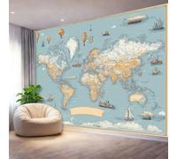 Papel pintado fotográfico no tejido 350 x 256 cm Gigante Póster Mapa Del Mundo Retro Decoración, Azul Claro Decoración de pared de papel tapiz panorámico 3D