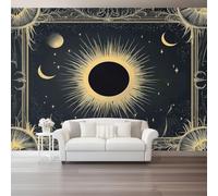 Papel pintado fotográfico no tejido 400 x 280 cm Gigante Póster Cuerpos Celestes Retro: Sol Luna Decoración, Negro Dorado Decoración de pared de papel tapiz panorámico 3D