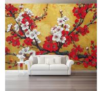 Papel pintado fotográfico no tejido 400 x 280 cm Gigante Póster Pintura Al Óleo De Flores De Cerezo Rojas Decoración, Amarillo Elegante Decoración de pared de papel tapiz panorámico 3D