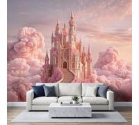 Papel pintado fotográfico no tejido, 500 x 280 cm, Estética Rosa Soñadora Papel pintado Panorámico de alta calidad, para sala de estar y dormitorio, Castillo cuentos de hadas Rosa Niñas Adolescentes
