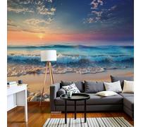 Papel pintado fotográfico no tejido "Atardecer en la playa" con efecto 3D, olas marinas románticas para salón o dormitorio, mural azul para decoración de paredes, 350 cm x 256 cm, adhesivos, cuadro si